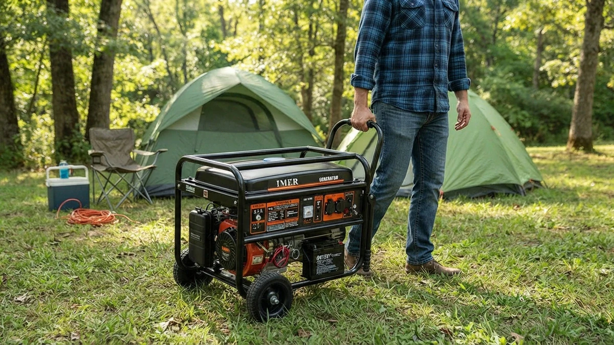 Portable generator for camping being moved across a campsite