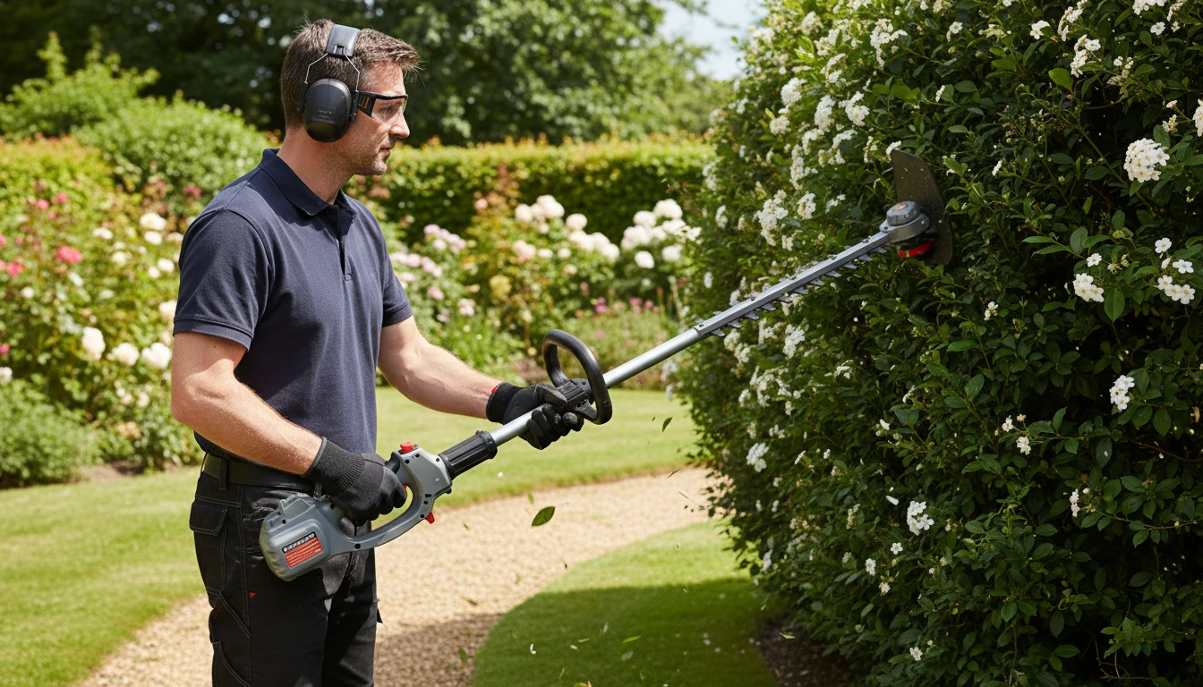 Gardener using a multi-tool hedge trimmer attachment